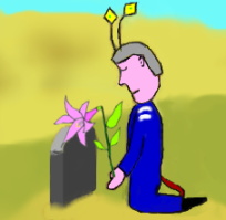 The pilot placed a flower on the grave.