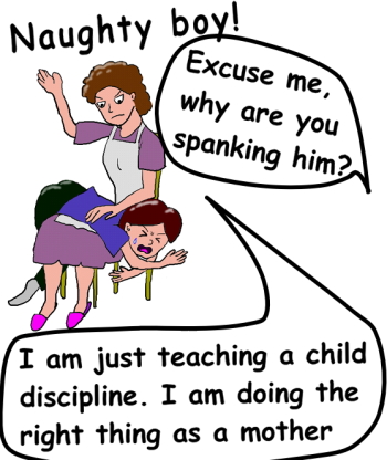 A mother is giving her son a spank.