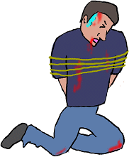 This illustration depicts a person, labeled as a villain, being tied up after losing a fight.