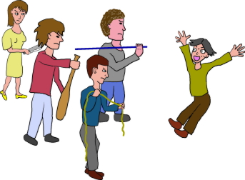 This illustration depicts someone being suddenly attacked by people.