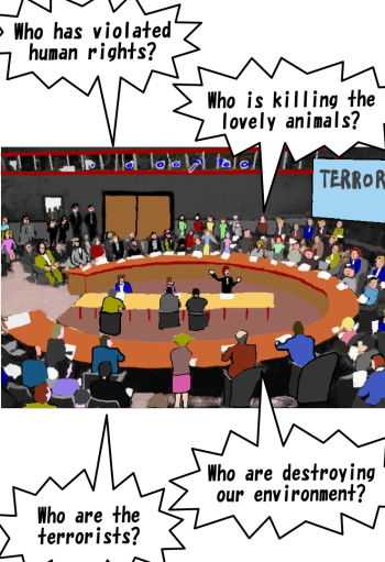 This illustration depicts an international conference.